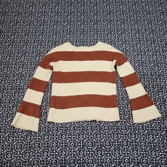 Gilded Intent Orange Brown & Cream Boho Chic Distressed Striped Ribbed Sweater  - Picture 1 of 6